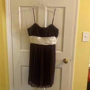 Chocolate brown chiffon cocktail dress with cream satin ruched waistline